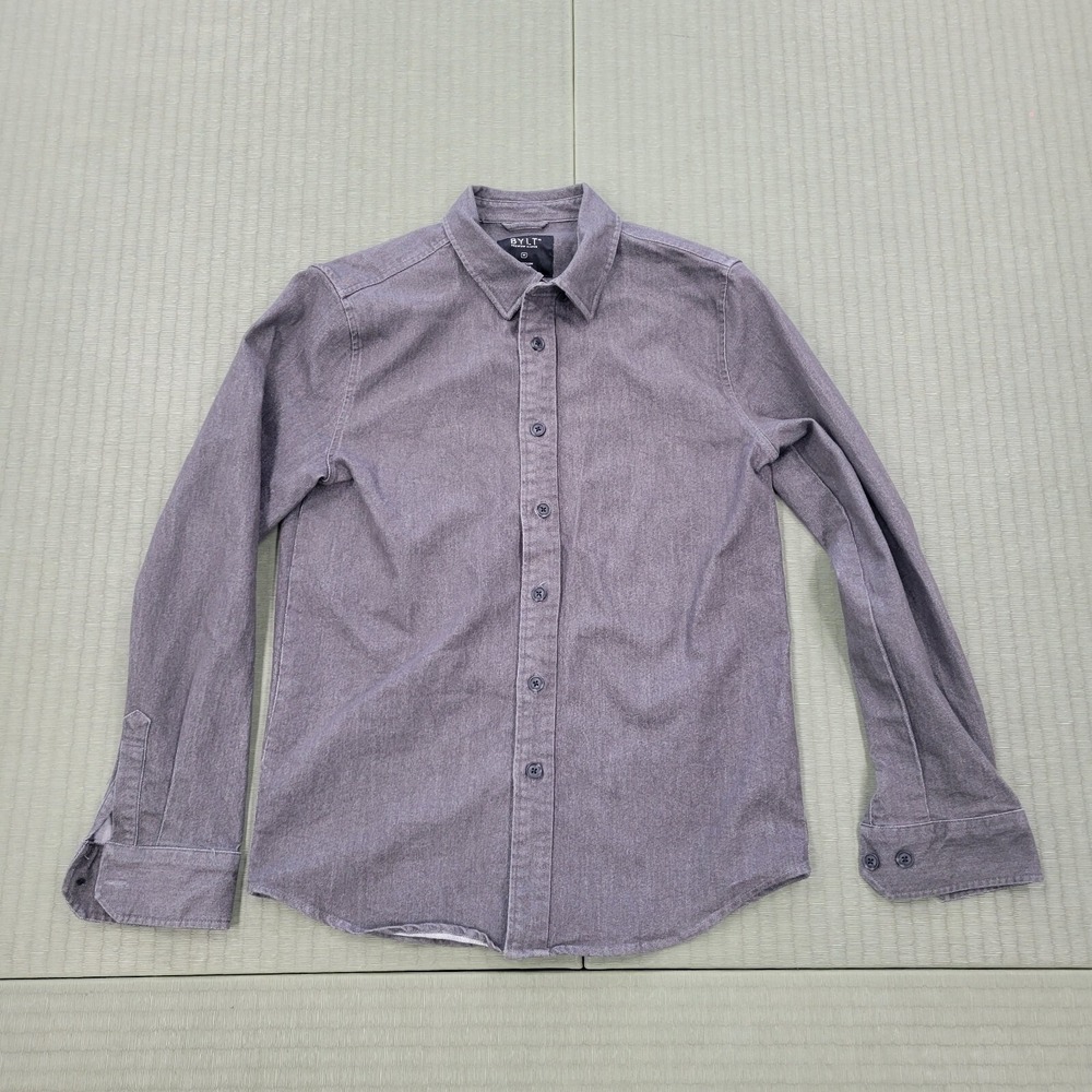 Bylt Mens M Charcoal Gray Tech Denim Long‎ Sleeve Button Shirt Stretch Denim
